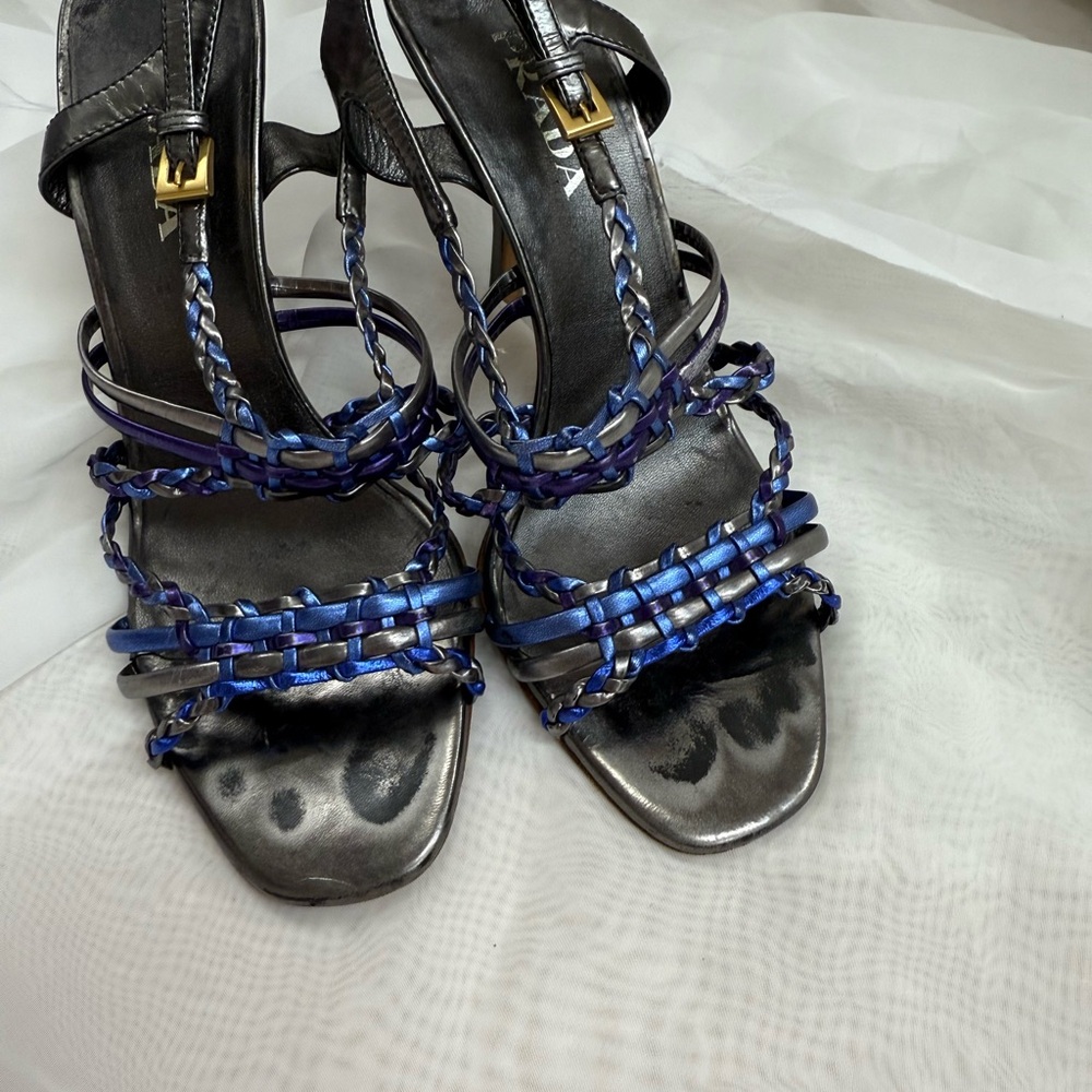 PRADA BRAID STRAPPY OPEN TOE HEELS SIZE 36 BLUE SILVER PURPLE - Picture 4 of 6